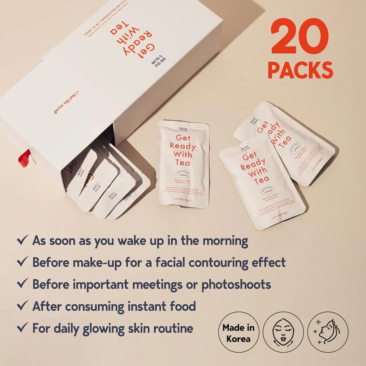 مکمل های کلاژن کره ای DR.GU T.SLIM - طعم میکس بری | پپتیدهای کلاژن گیاهی کره ای و عصاره های گیاهی مایع | 20 بسته (1 جعبه) - راه حل شما برای داشتن چهره ای درخشان - با چای آماده شوید