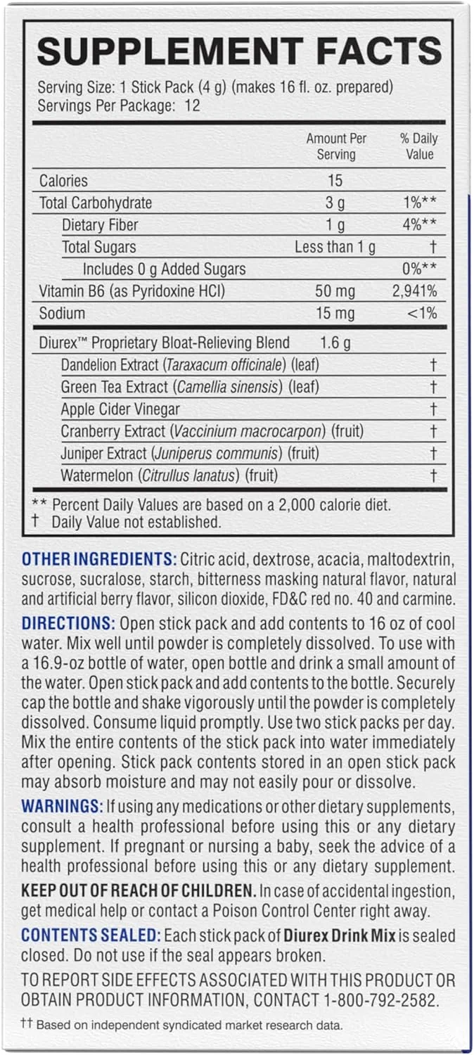 مخلوط نوشیدنی Diurex - مکمل ادرارآور - طعم توت مخلوط - تسکین نفخ با ترکیب اختصاصی Diurex - تک نفره - بسته 12 عددی