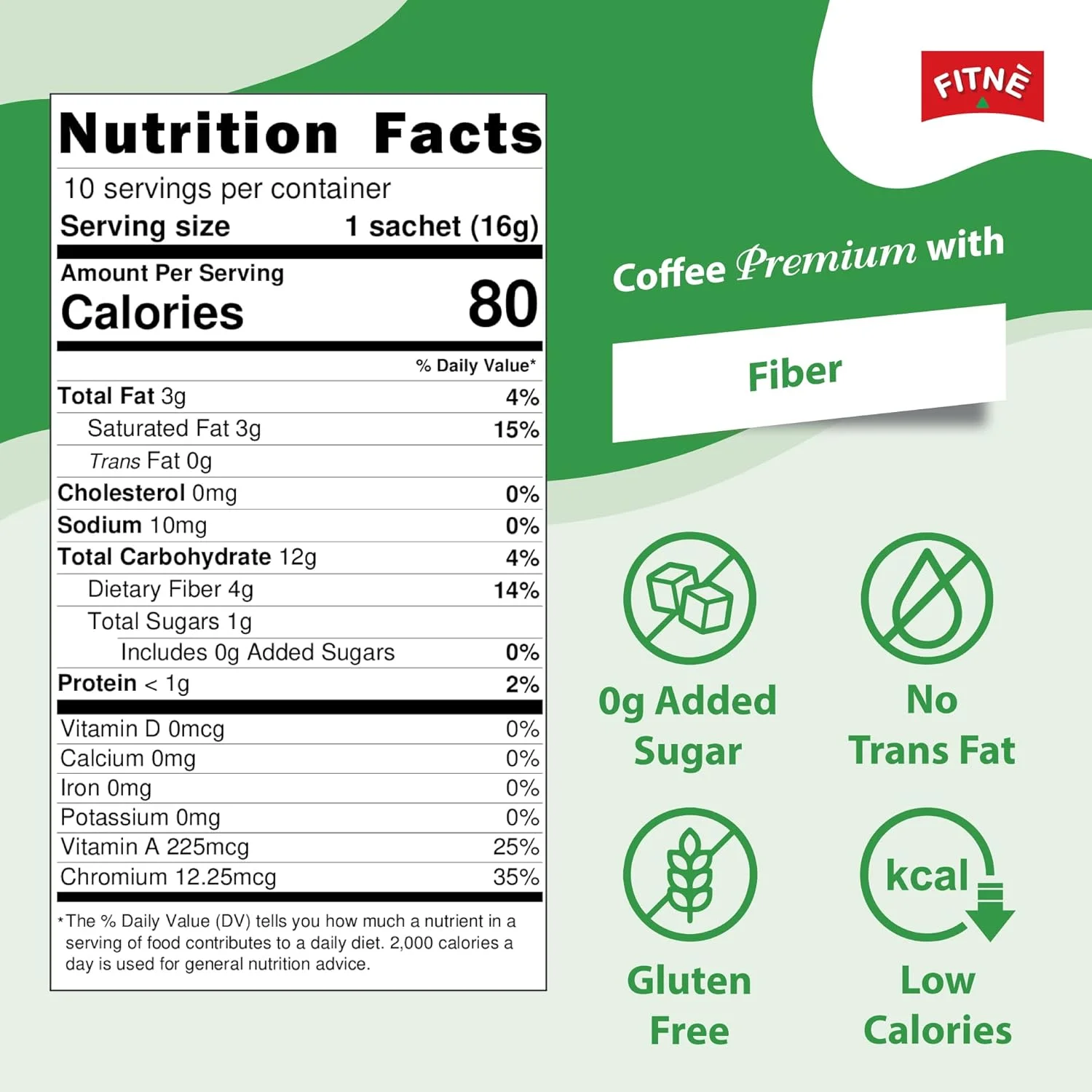 مخلوط بسته‌های قهوه فوری ممتاز فیتنه با فیبر ۴۰۰۰ میلی‌گرم، عصاره کاکتوس ال-کارنیتین، کروم بالا، بدون شکر، شیرین‌کننده سوکرالوز، ۱۰ ساشه