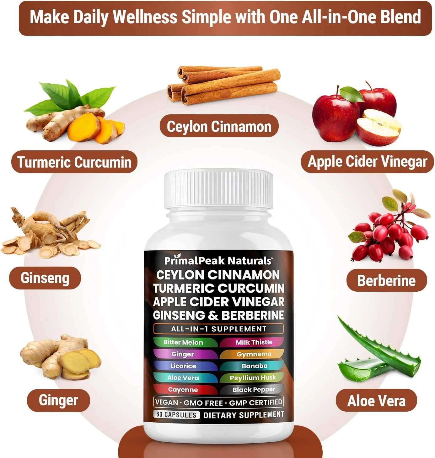 کپسول های گیاهی دارچین سیلان، سرکه سیب، زردچوبه، کورکومین، جینسینگ پاناکس، بربرین با خربزه تلخ، بانابا، خار مریم و جیمنما سیلوستر - 120 عدد