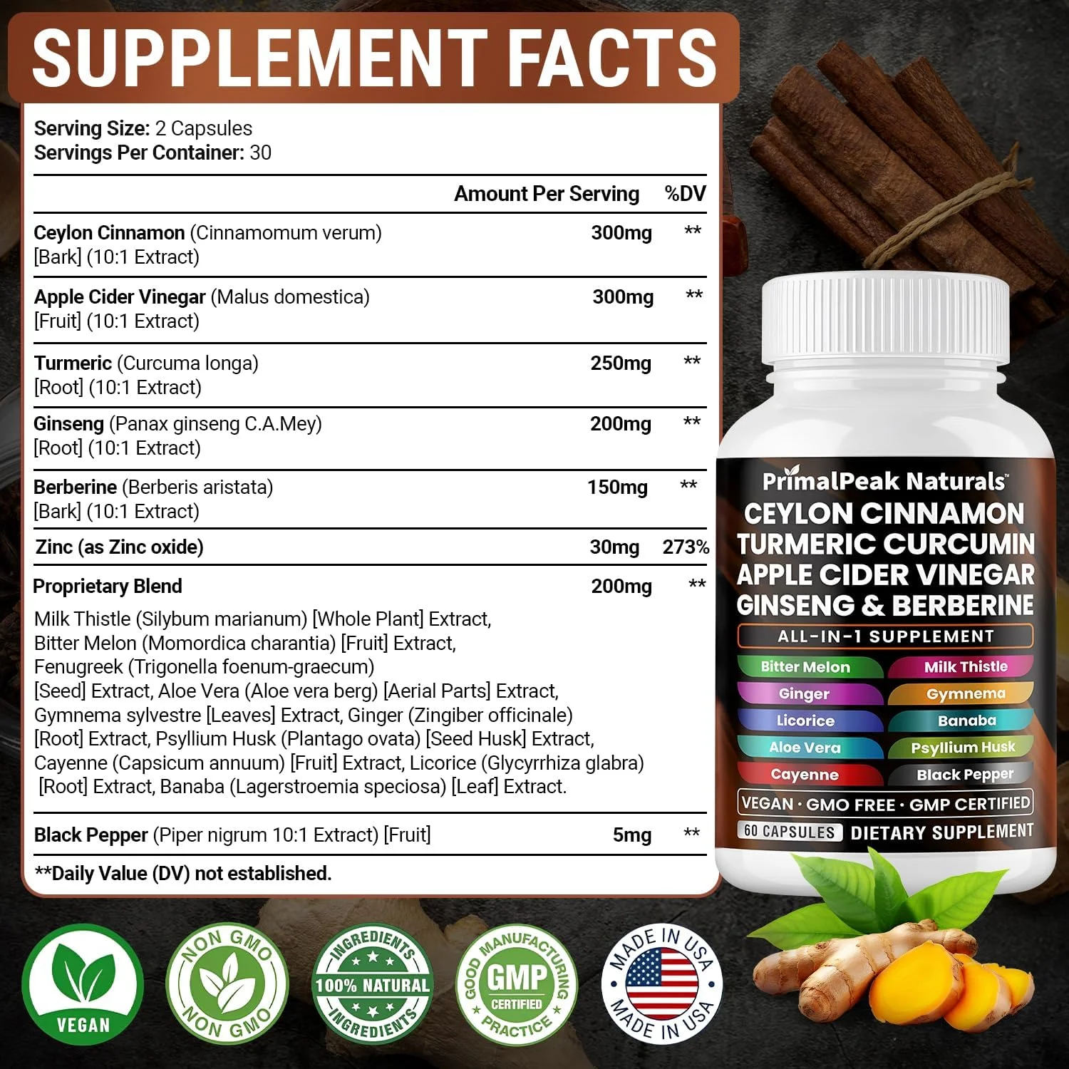 کپسول های گیاهی دارچین سیلان، سرکه سیب، زردچوبه، کورکومین، جینسینگ پاناکس، بربرین با خربزه تلخ، بانابا، خار مریم و جیمنما سیلوستر - 120 عدد