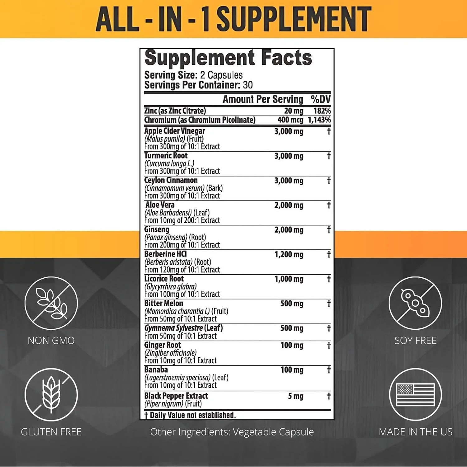 کپسول های دارچین سیلان 3000 میلی گرم، زردچوبه 3000 میلی گرم، سرکه سیب 3000 میلی گرم، جینسینگ 2000 میلی گرم، آلوئه ورا 2000 میلی گرم، مکمل بربرین 1200 میلی گرم + بانابا | خربزه تلخ | جیمنما | ریشه زنجبیل - 60 عدد