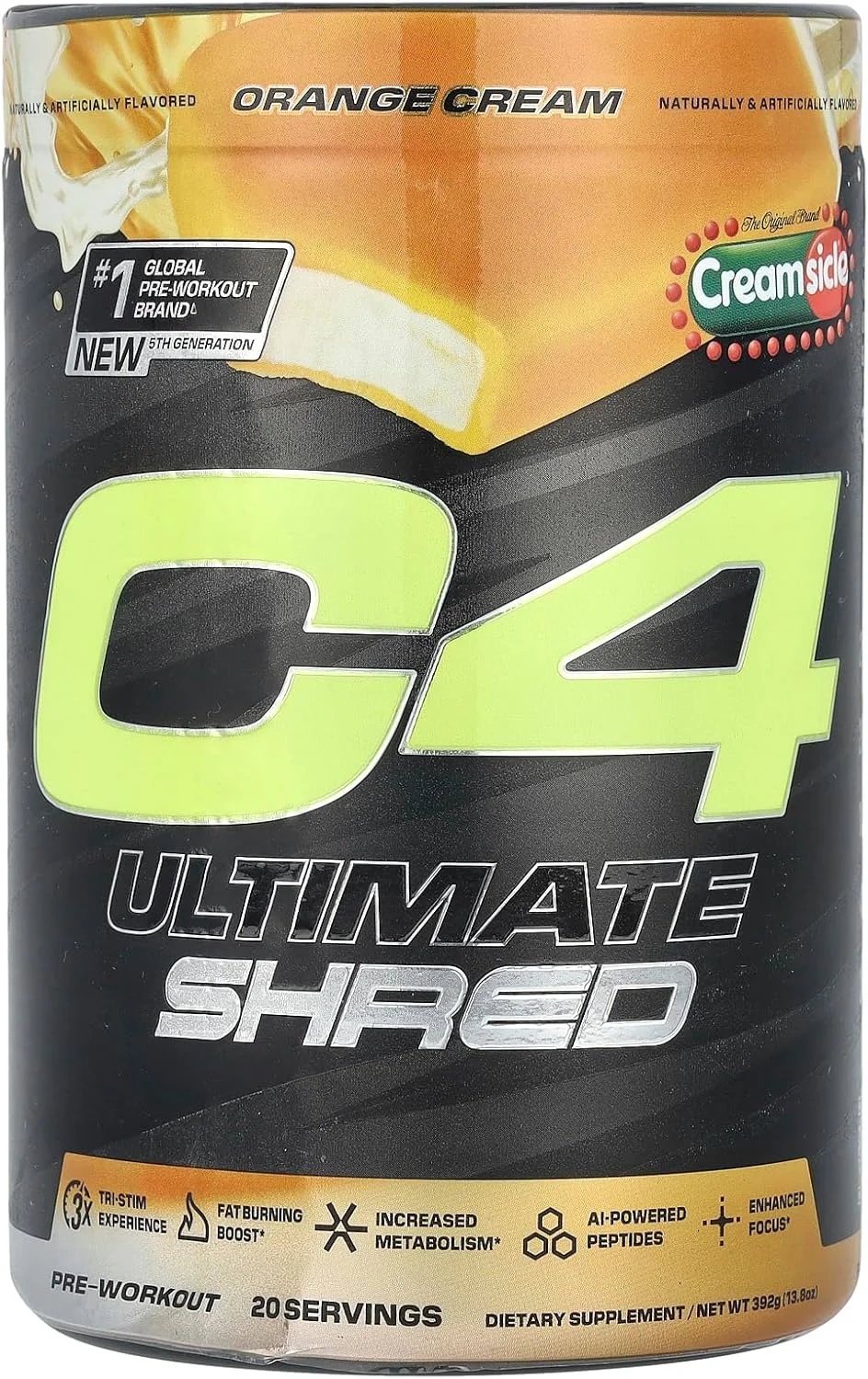 پودر مکمل پیش از تمرین Cellucor C4 Ultimate Shred، مکمل متابولیسم با عصاره فلفل قرمز + 300 میلی گرم کافئین + TeaCrine + Dynamine - کرم پرتقالی، 20 سروینگ