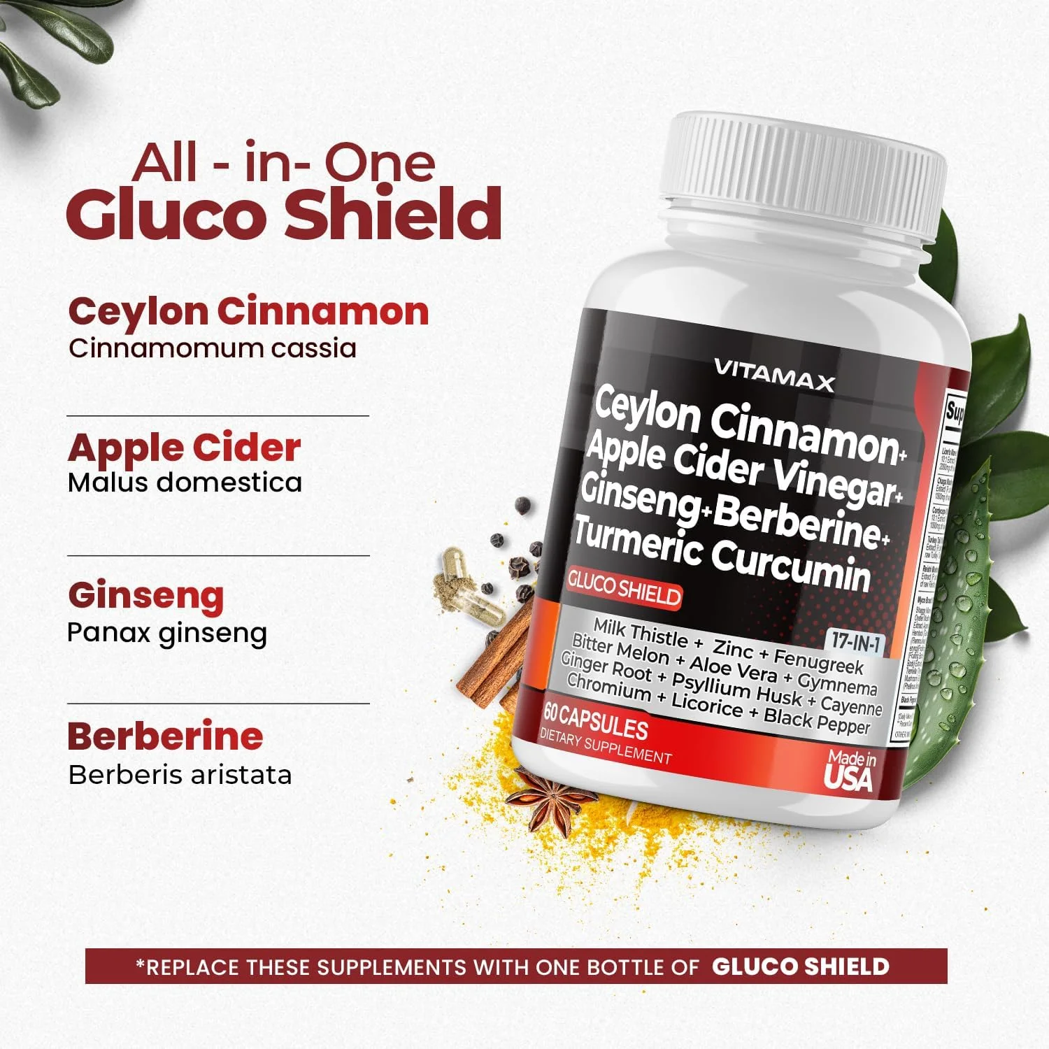 دارچین سیلان، سرکه سیب، زردچوبه - پشتیبانی از سلامت گلوکز - جینسینگ پاناکس، بربرین، خربزه تلخ، خار مریم، شنبلیله - غیر تراریخته - ساخت ایالات متحده آمریکا - 60 عدد