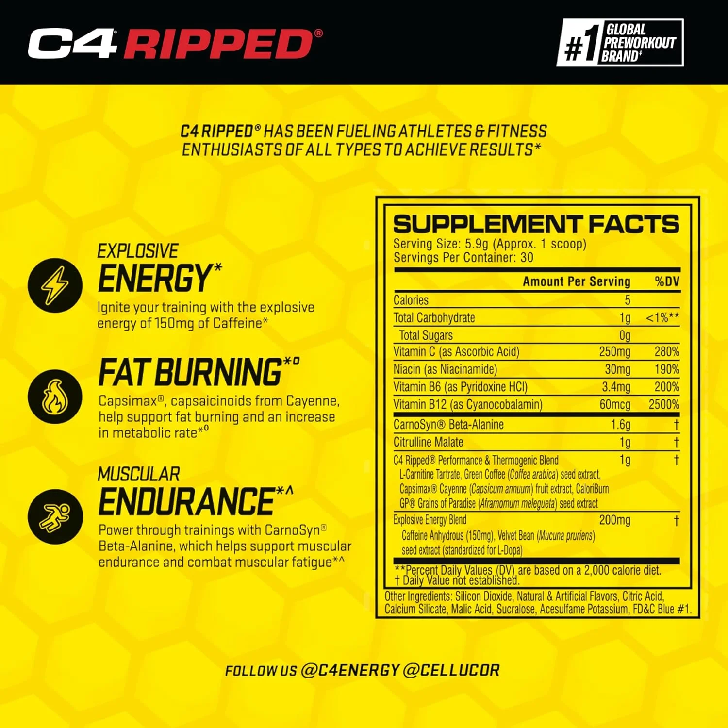 پودر مکمل پیش از تمرین Cellucor C4 Ripped برای انرژی، بتا آلانین، مکمل انرژی بدون شکر پیش از تمرین برای مردان و زنان - 150 میلی گرم کافئین + بدون کراتین - تمشک آبی یخی - 30 سروینگ