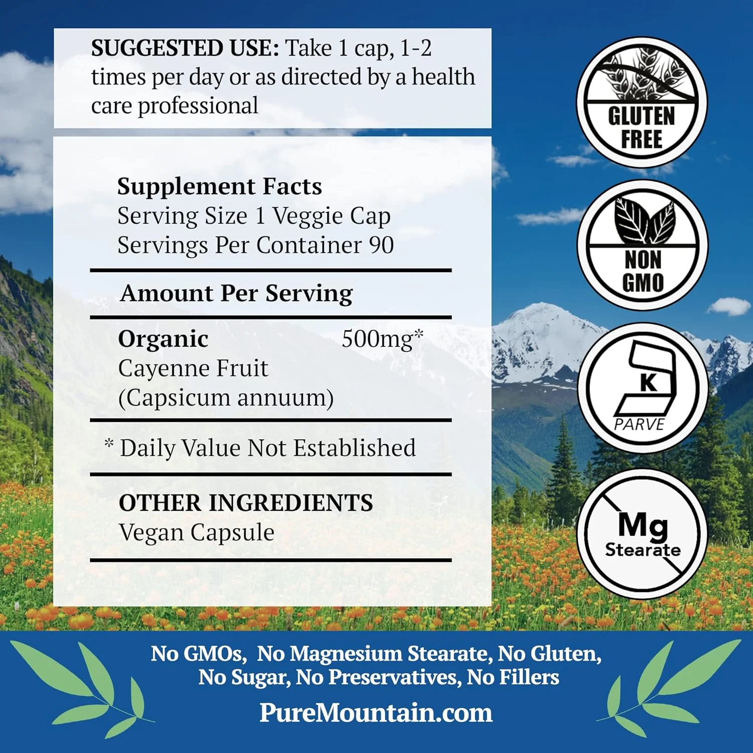 کپسول فلفل کاین Pure Mountain Botanicals - 90 کپسول گیاهی کوشر با 500 میلی گرم فلفل کاین ارگانیک با کپسایسین