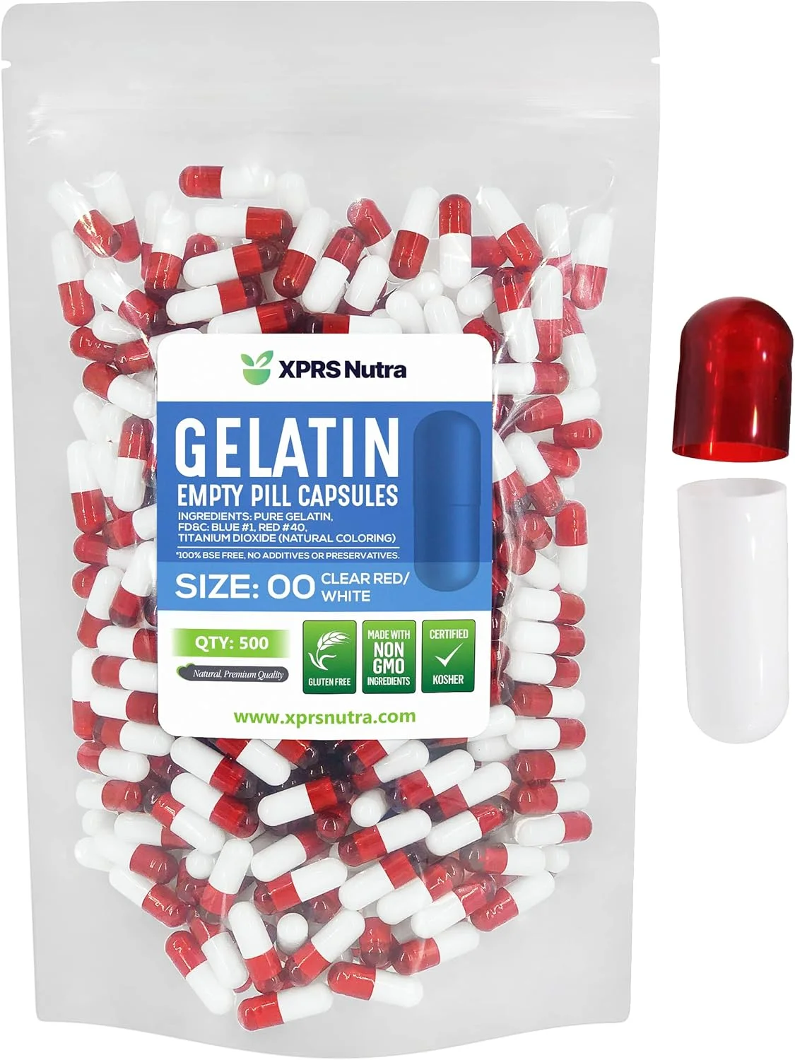 کپسول های خالی سایز 00 XPRS Nutra - بسته 500 عددی کپسول ژلاتینی خالی - مناسب برای ساخت قرص های مکمل در خانه (شفاف قرمز/سفید)