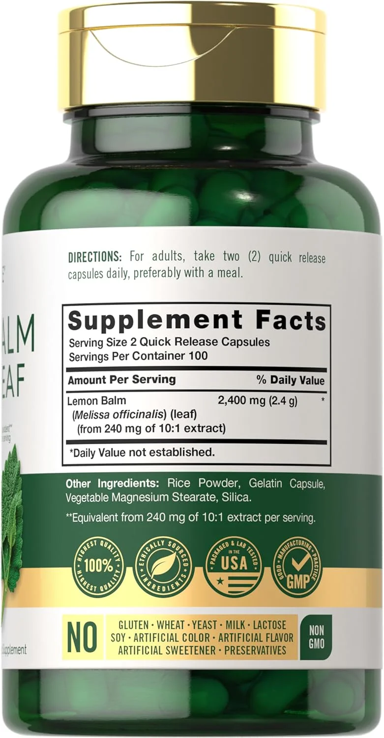 کپسول بادرنجبویه کارلایل | 200 عدد | فرمول غیر تراریخته و بدون گلوتن | مکمل گیاهی سنتی برگ ملیسا | عصاره فوق العاده غلیظ