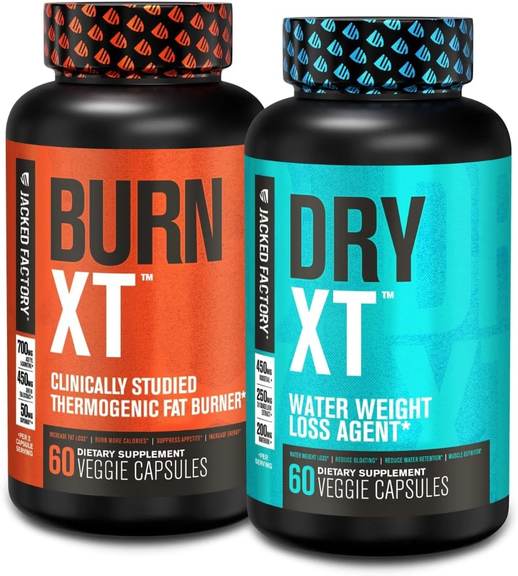 مکمل ترموژنیک چربی سوز Burn-XT Jacked Factory - مکمل کاهش وزن و سرکوب کننده اشتها - 60 کپسول و قرص های دیورتیک کاهش وزن آب Dry-XT - 60 عدد (بسته 2 عددی)