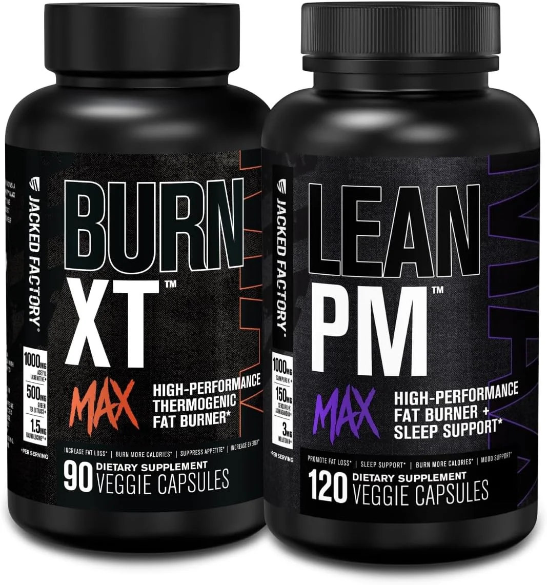 Jacked Factory Burn-XT Max - چربی سوز ترموژنیک و سرکوب کننده اشتها (90 کپسول) و Lean PM Max کاهش وزن، چربی سوز و سرکوب کننده اشتها با عملکرد بالا (120 کپسول)