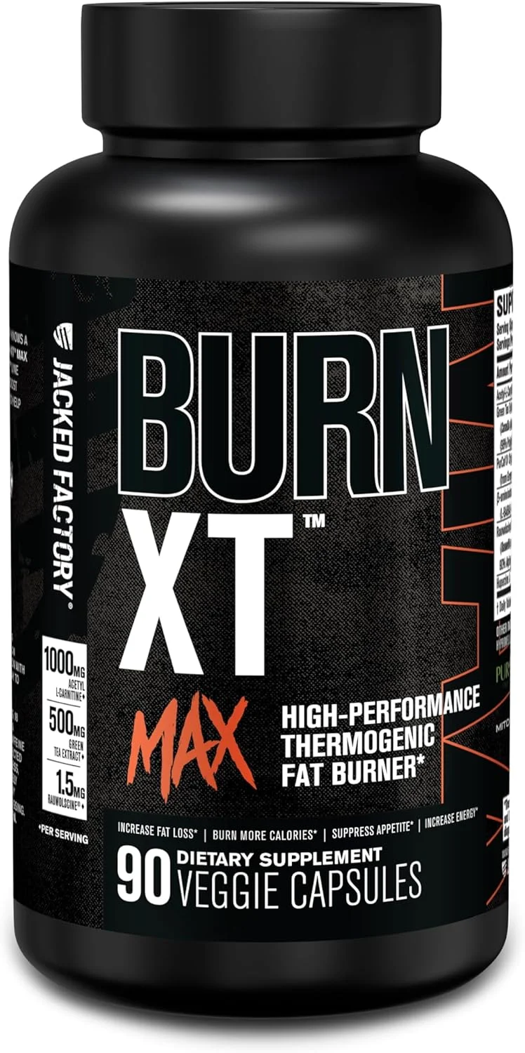 Jacked Factory Burn-XT Max - چربی سوز ترموژنیک با عملکرد بالا و سرکوب کننده اشتها برای کاهش وزن با کافئین ارگانیک PurCaf، MitoBurn، چای سبز، استیل ال کارنیتین و موارد دیگر - 90 کپسول