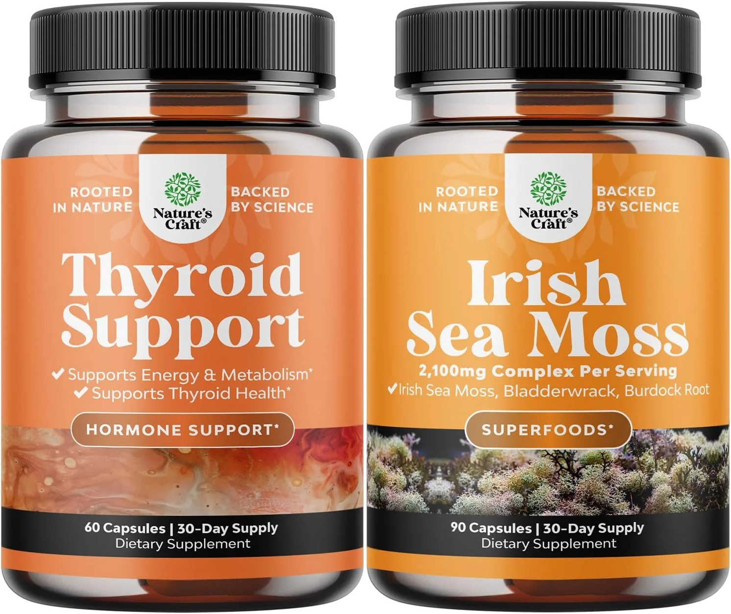 مجموعه پشتیبانی گیاهی تیروئید برای کاهش وزن و کپسول های خزه دریایی ایرلندی ارگانیک - تقویت کننده پیشرفته متابولیسم و انرژی - با مخلوط ریشه باباآدم برای تقویت سیستم ایمنی