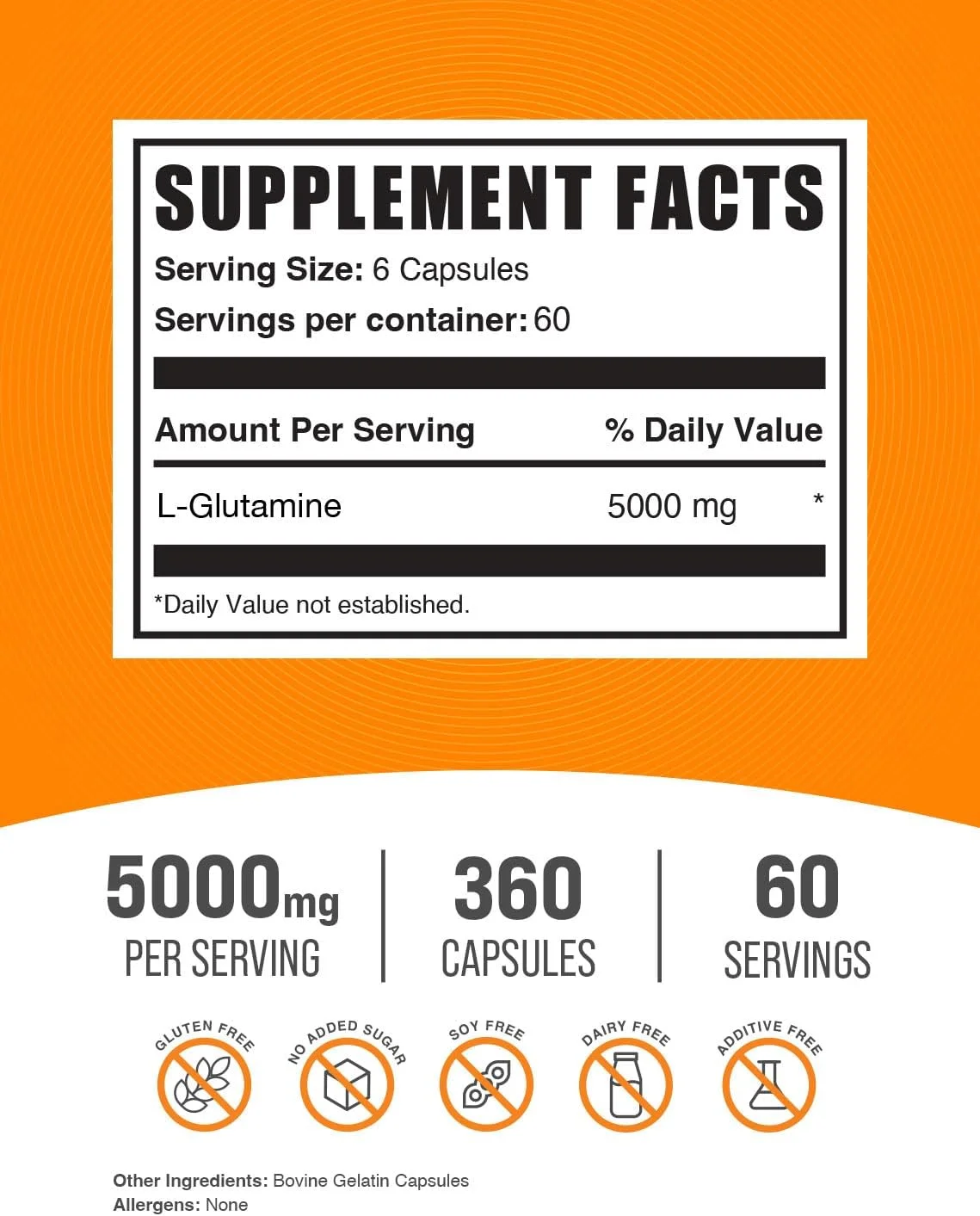کپسول های ال-گلوتامین BulkSupplements.com - مکمل گلوتامین، مکمل آمینو اسید - بدون گلوتن، 6 کپسول در هر وعده (5000 میلی گرم)، 360 عدد (بسته 1 عددی)