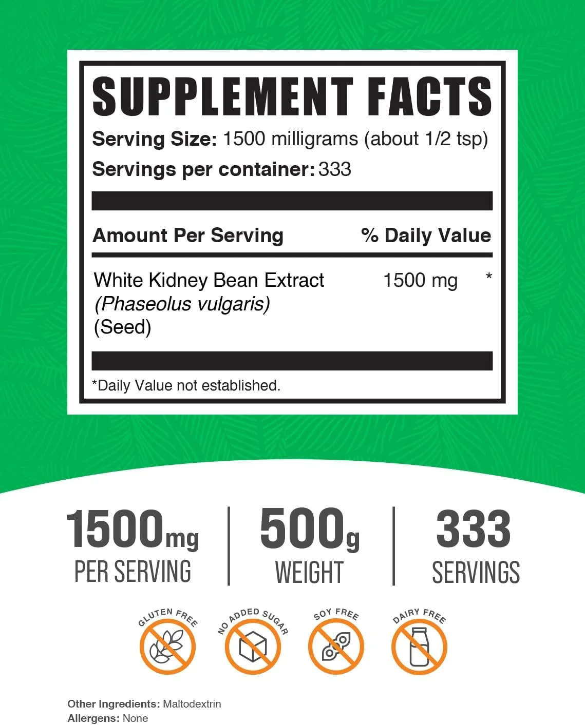 پودر عصاره لوبیا سفید BulkSupplements.com - پودر لوبیا سفید - مکمل گیاهی - بدون گلوتن، 1.5 گرم در هر وعده، 500 گرم (1.1 پوند) (بسته 1 عددی)