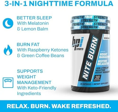 چربی سوز نایت برن BPI Sports برای بانوان و آقایان - پشتیبانی از خواب و چربی سوزی در زمان استراحت - افزایش متابولیسم و آرامش شبانه - مناسب برای رژیم کتو، کاهش وزن - 30 سروینگ - 640 میلی گرم، کپسول