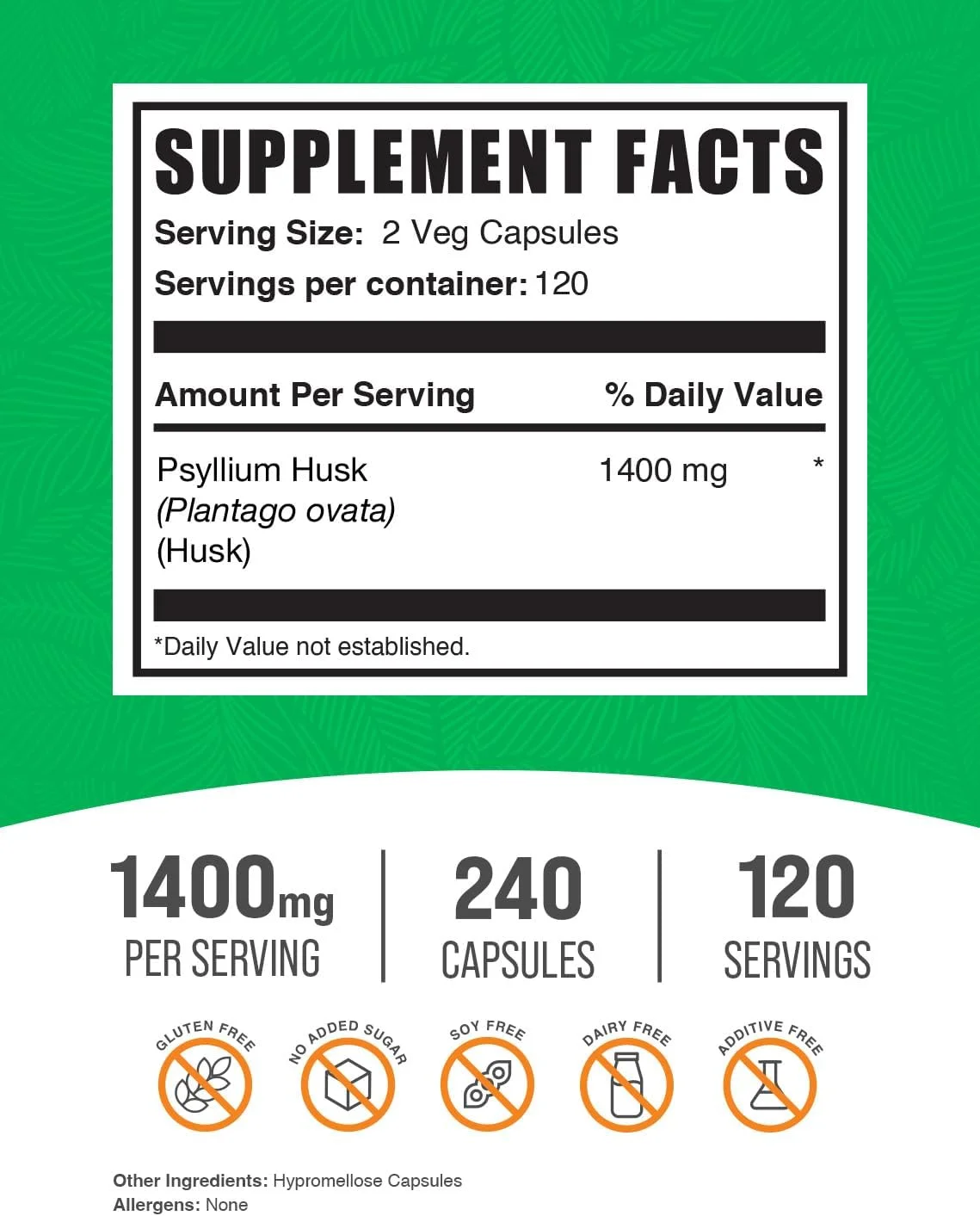 کپسول پسیلیوم هاسک BulkSupplements.com - مکمل پسیلیوم، فیبر پسیلیوم هاسک - وگان و بدون گلوتن، 240 کپسول گیاهی (بسته 1 عددی)