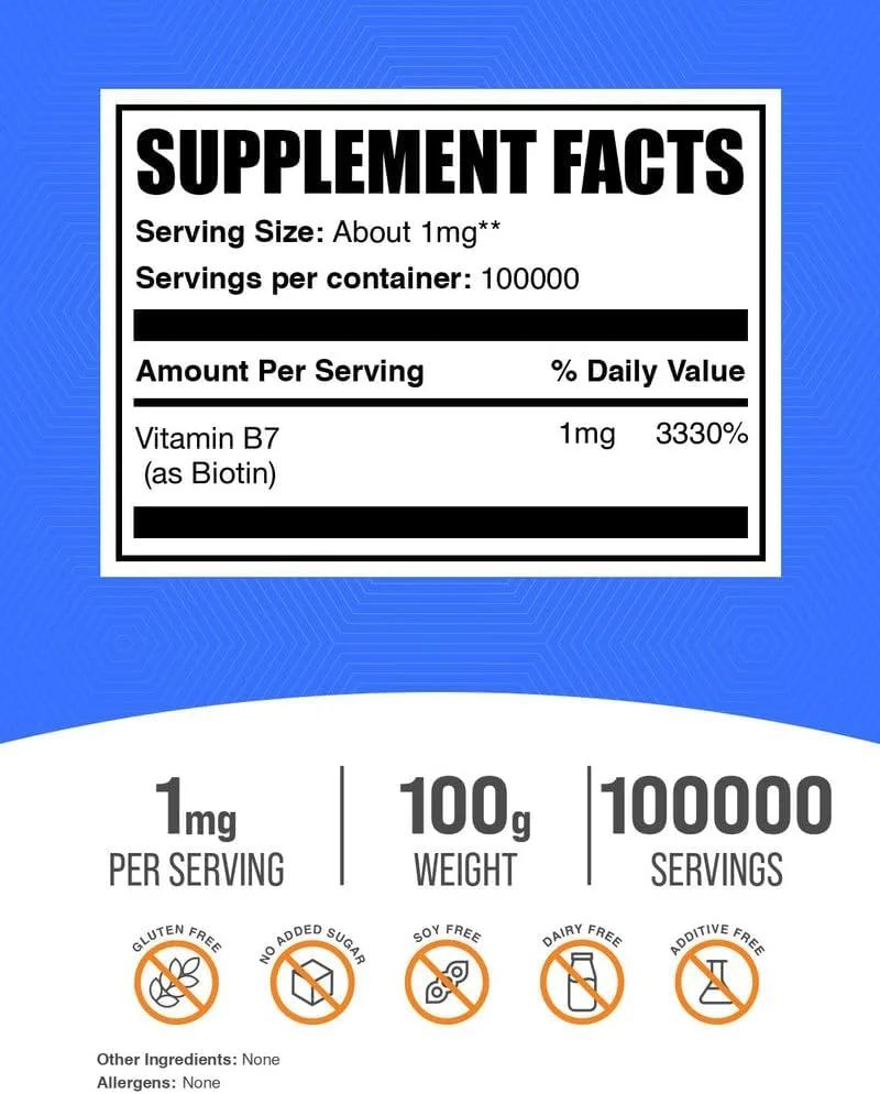 پودر بیوتین خالص BulkSupplements.com - به عنوان ویتامین B7، ویتامین های بیوتین برای مو، پوست و ناخن - بدون گلوتن، 1 میلی گرم در هر وعده، 100 گرم (3.5 اونس) (بسته 1 عددی)