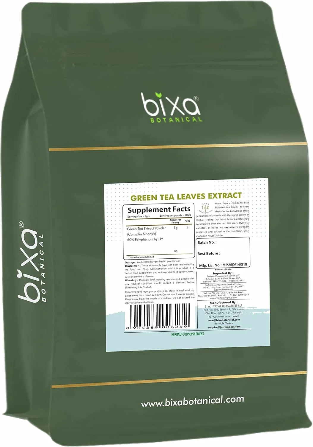 مکمل گیاهی طبیعی آیورودا از چای سبز گیاهی Bixa BOTANICAL، عصاره خشک (Camellia sinensis) با کیفیت عالی و اصیل 100% خالص - 50% پلی فنول با UV | بسته 1 کیلوگرمی (35.2 اونس)