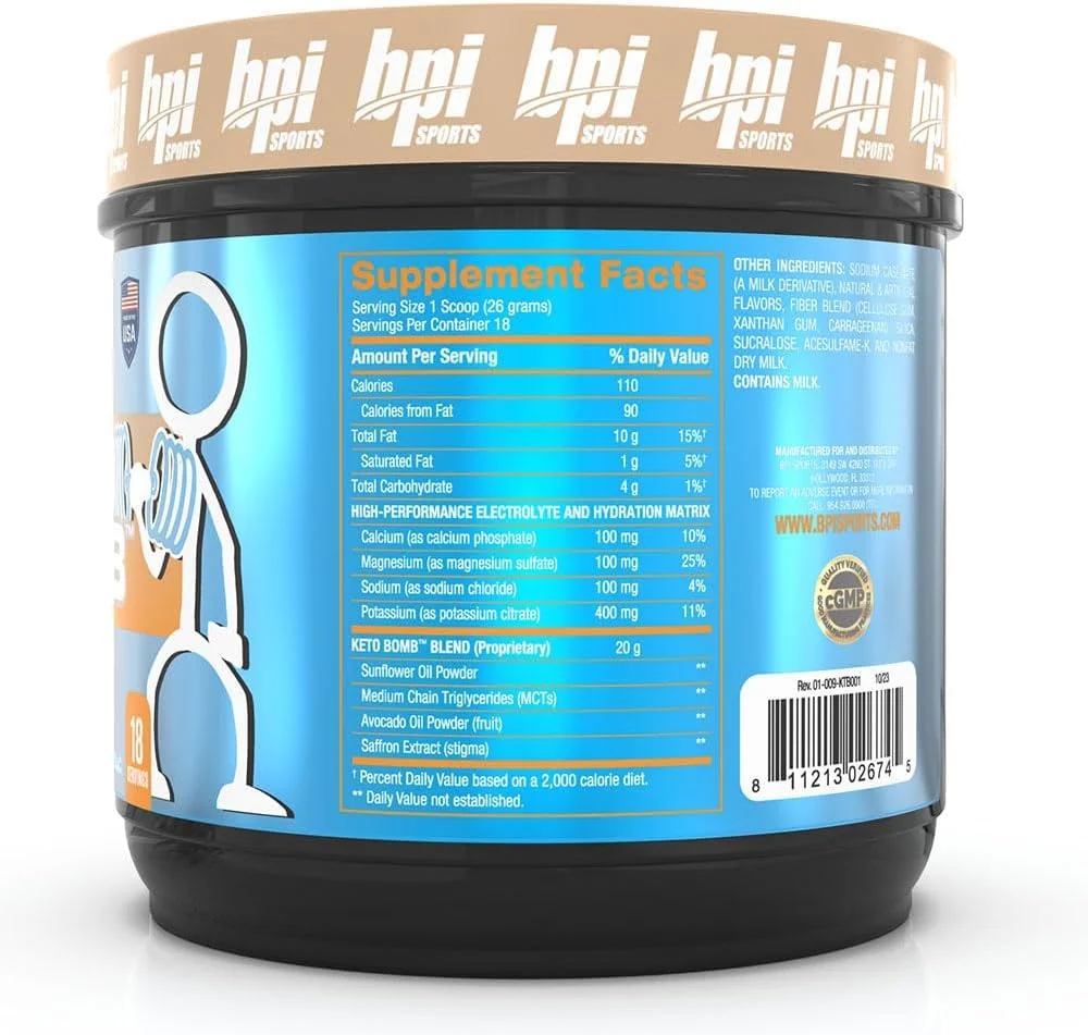 بی پی آی اسپورتس کتو بمب - افزایش انرژی، آبرسانی و چربی سوزی - ام سی تی و الکترولیت ها - بدون شکر با کلسیم - فرنچ وانیلا لاته، 18 سروینگ