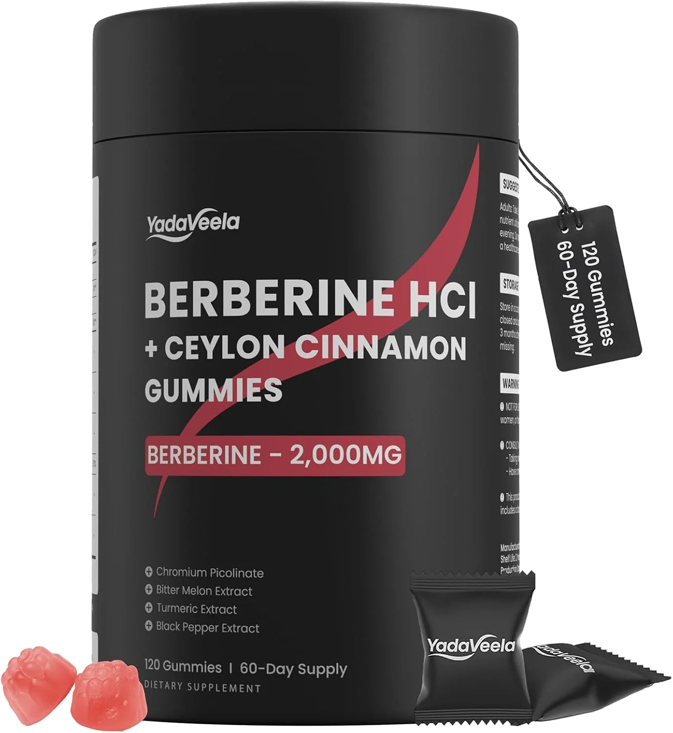 مکمل پاستیلی بربرین اچ سی ال 2000 میلی گرم، بربرین با قدرت بالا به همراه دارچین سیلان، کروم و خربزه تلخ برای زنان و مردان، پشتیبانی از متابولیسم، AMPK، بدون شکر، وگان، 120 عدد، تامین 60 روزه