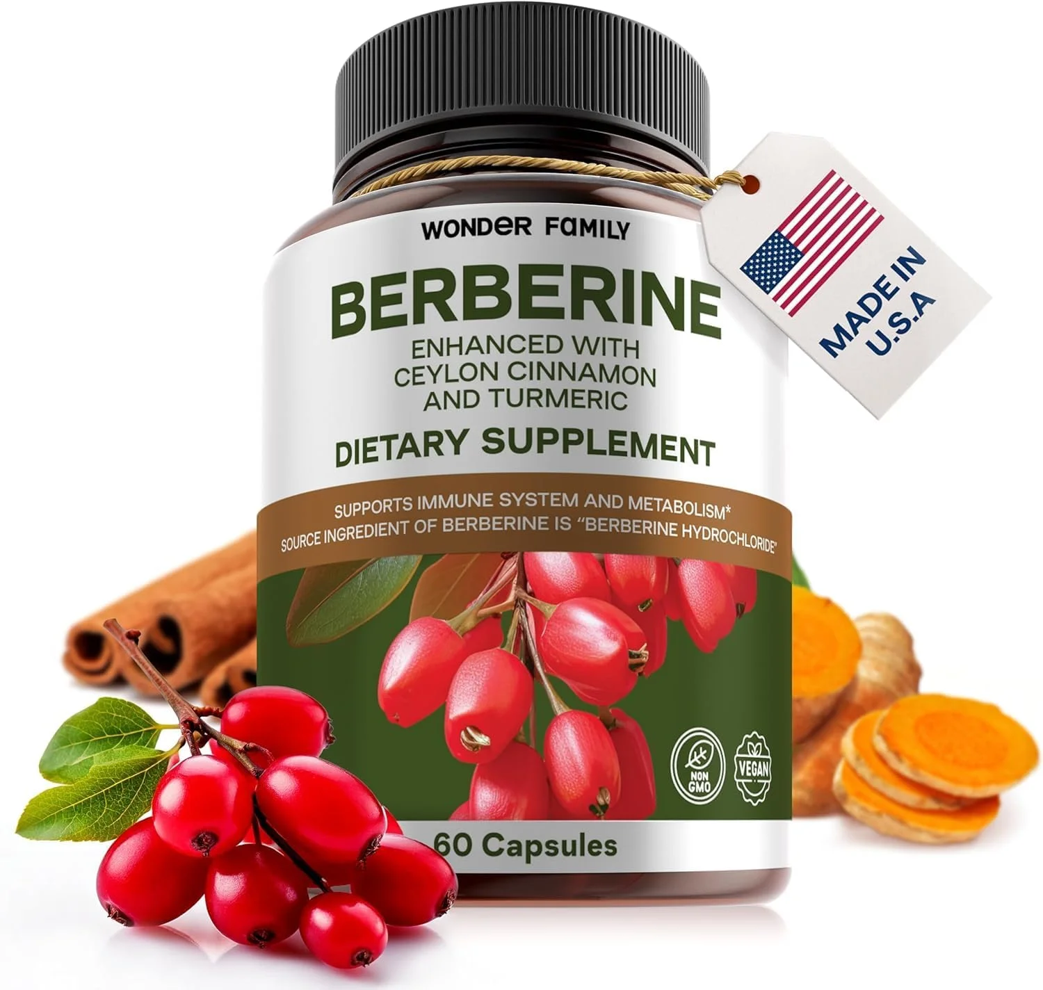 مکمل بربرین 500 میلی گرم با پروبیوتیک ها، ویتامین های D و K - تامین یک ماهه بربرین فوق العاده - 60 کپسول بربرین - 500 میلی گرم بربرین برای تعادل وزن، سلامت روده - بربرین با دارچین سیلان