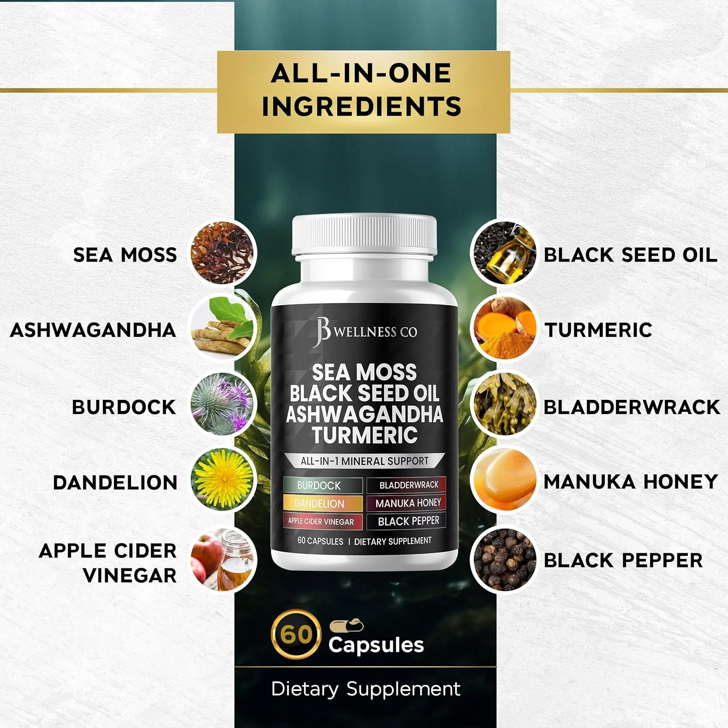 جلبک دریایی، روغن دانه سیاه، آشواگاندا، زردچوبه، بلادرورک، باباآدم - با مانوکا، عسل قاصدک، سرکه سیب، فلفل سیاه، بدون گلوتن - 120 عدد