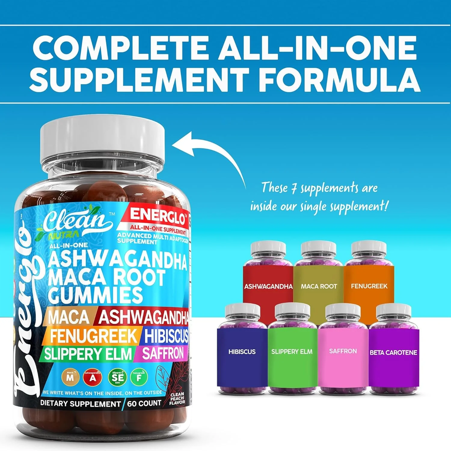 پاستیل آشوگاندا و ریشه ماکا با شنبلیله، گل بامیه، نارون لغزنده، عصاره زعفران و بتاکاروتن | طعم هلو، پاستیل های گیاهی، مکمل آداپتوژن کورتیزول Energlo از Clean Nutra (3 عدد)