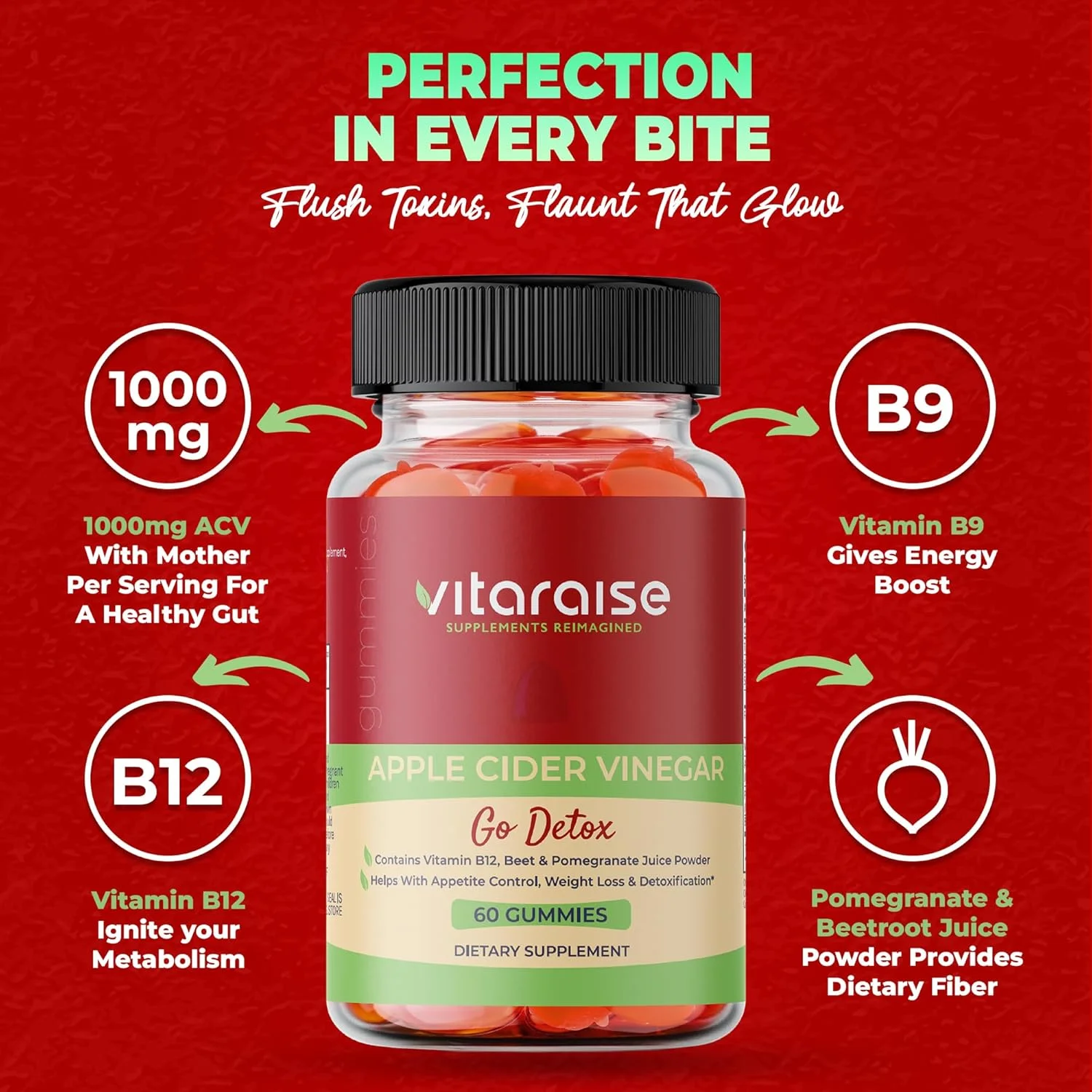 پاستیل سرکه سیب - پاستیل های سرکه سیب با مادر برای کاهش وزن - سم زدایی و پشتیبانی از هضم - 1000 میلی گرم - پاستیل های کتو ACV B9 و B12 - تقویت کننده متابولیسم - وگان، غیر GMO، بدون گلوتن - 60 عدد