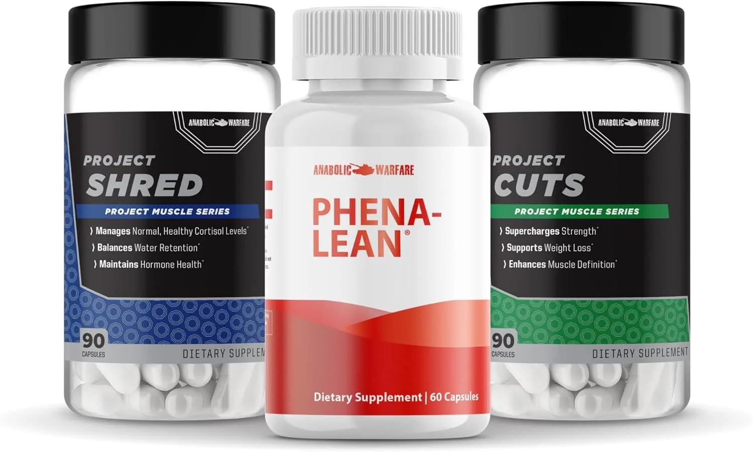 مجموعه بدن خوش فرم Anabolic Warfare: فرمول چربی سوز Phena-Lean + متابولیسم و تعریف عضلات Project Cuts + استک تعادل آب و هورمون Project Shred مجموعه بدن خوش فرم Anabolic Warfare: فرمول چربی سوز Phena-Lean + متابولیسم و تعریف عضلات Project Cuts + استک تعادل آب و هورمون Project Shred