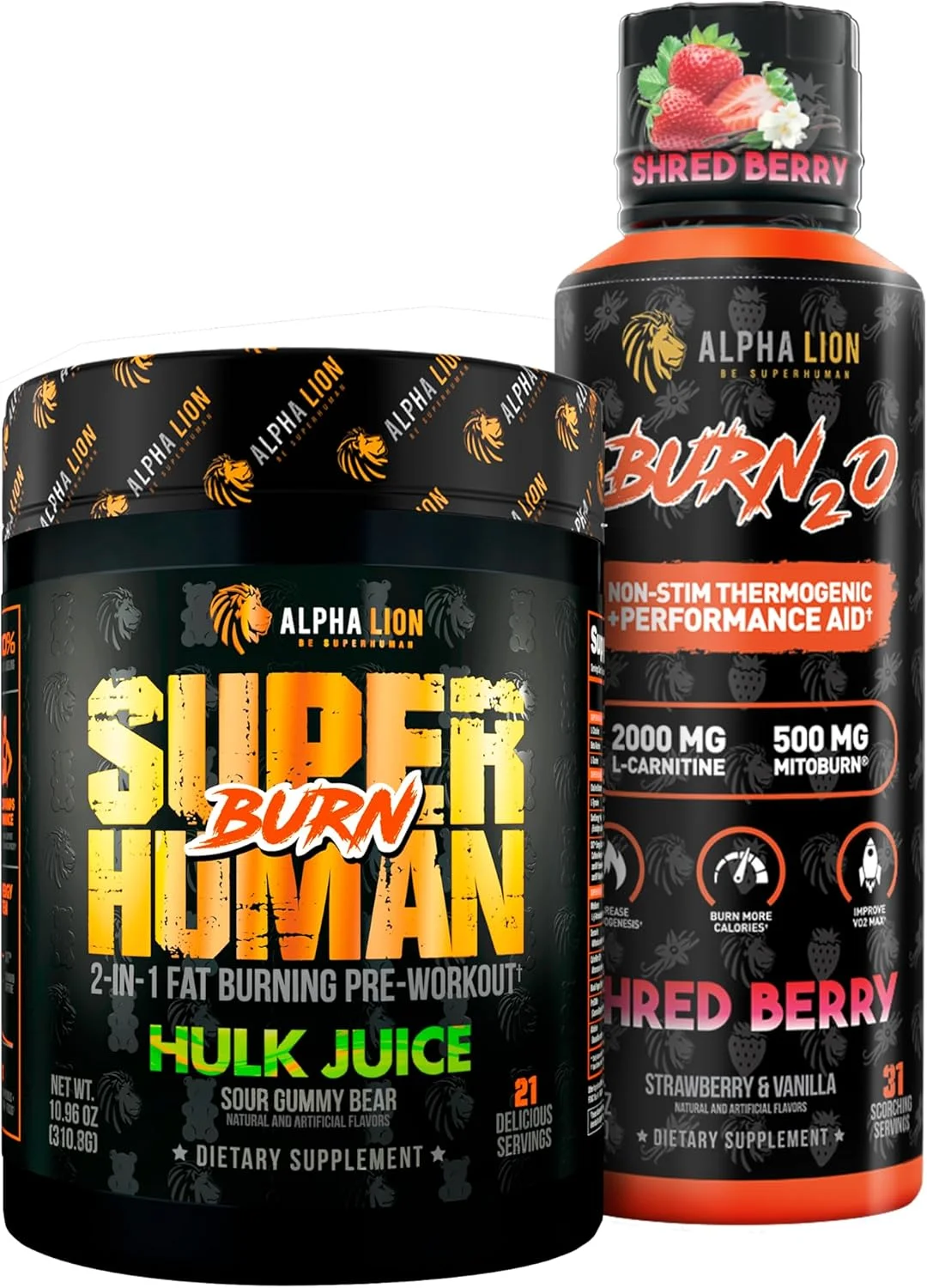 مجموعه کاهش چربی упорство ALPHA LION – مکمل پیش از تمرین Superhuman Burn + ال-کارنیتین مایع Burn2O 2000 میلی گرم (ShredBerry) – مجموعه ترموژنیک چربی سوز 2 در 1 برای آقایان و بانوان مجموعه کاهش چربی упорство ALPHA LION – مکمل پیش از تمرین Superhuman Burn + ال-کارنیتین مایع Burn2O 2000 میلی گرم (ShredBerry) – مجموعه ترموژنیک چربی سوز 2 در 1 برای آقایان و بانوان