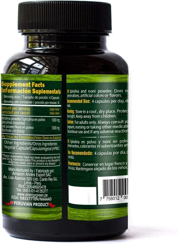 کپسول های اسپیرولینا و نونی آمازون آندِس - غذای سالم، پایدار و منصفانه با محتوای غذایی بالا و افزایش مقاومت - | 120 عدد کپسول گیاهی - غیر GMO - بدون گلوتن