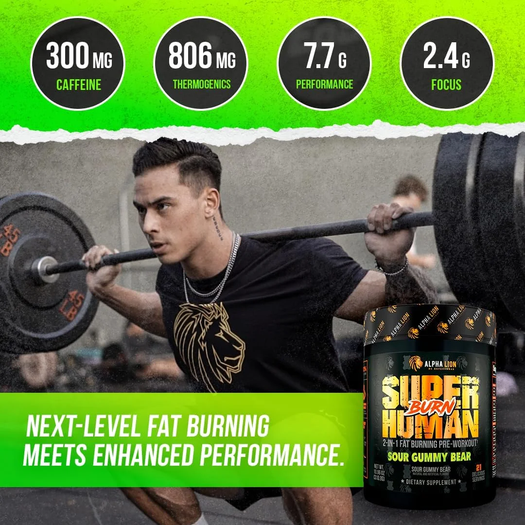آلفا لیون Superhuman Burn - مکمل پیش تمرینی و چربی سوز ترموژنیک 2 در 1 برای مردان - سرکوب کننده اشتها و مکمل کاهش وزن (21 سروینگ، خرسی پاستیلی ترش)