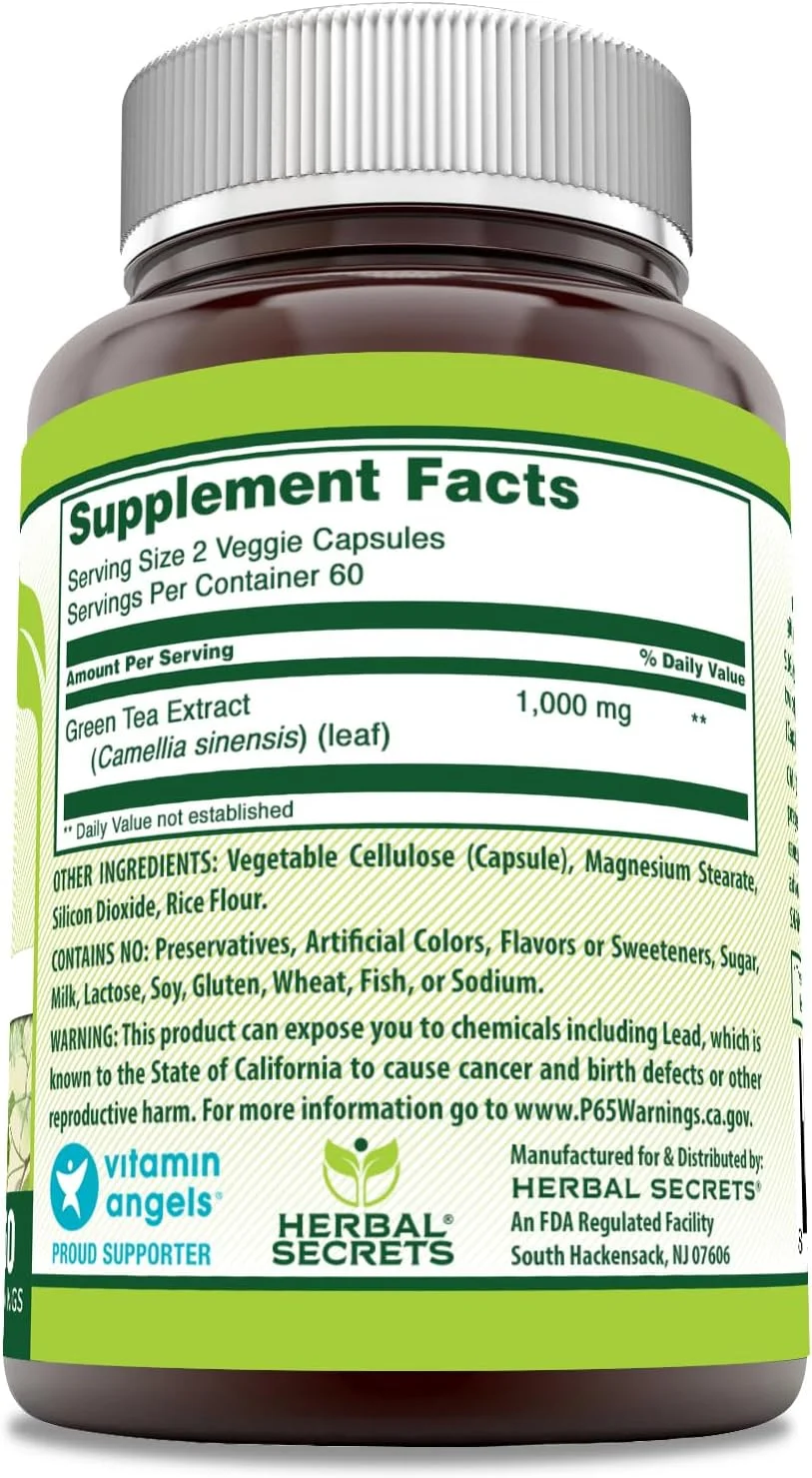 عصاره چای سبز Herbal Secrets با دوز ۱۰۰۰ میلی گرم در هر وعده | مکمل ۱۲۰ کپسولی گیاهی | غیر تراریخته | بدون گلوتن | ساخت آمریکا