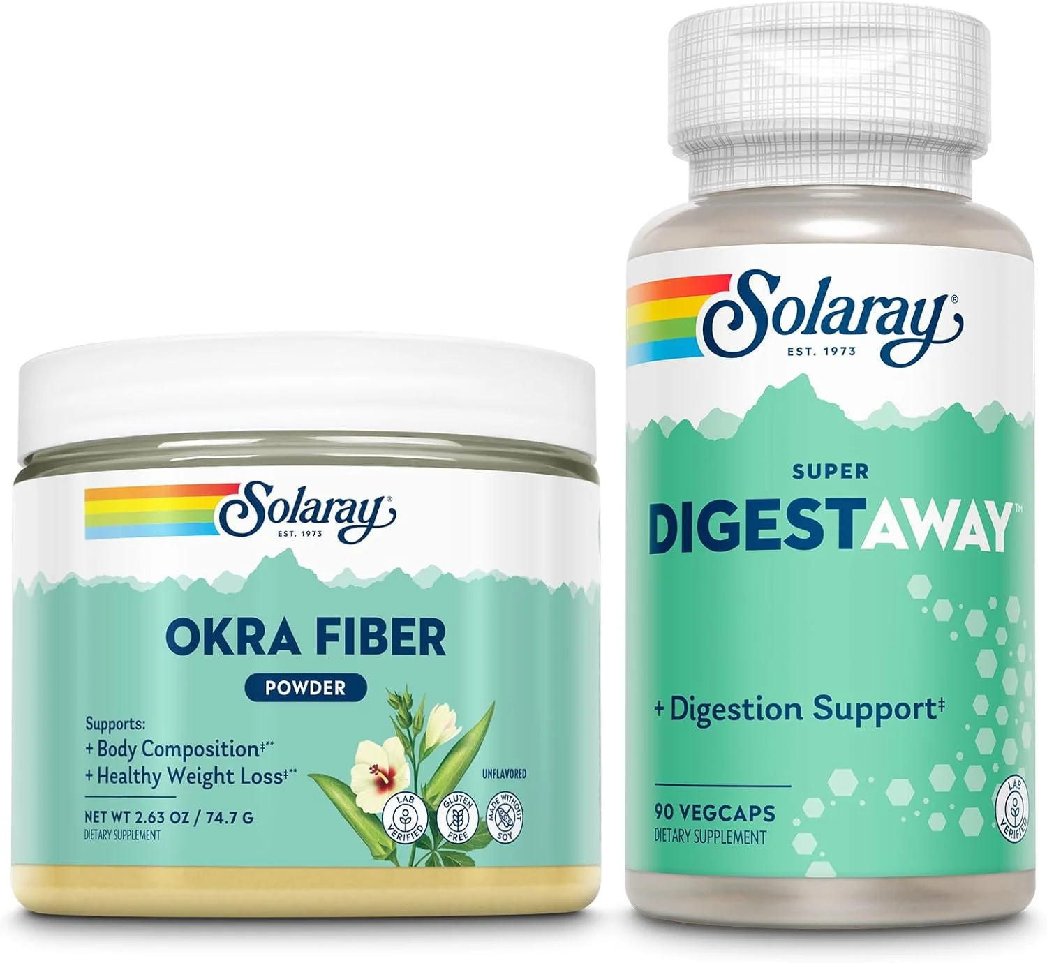 پودر فیبر بامیه سولارای و سوپر دایجستاوی - مکمل فیبر محلول و مجموعه آنزیم های گوارشی - پشتیبانی از ترکیب بدن، هضم و سلامت روده - حاوی زنجبیل، پاپایا، بتائین HCl، 30/90 سروینگ