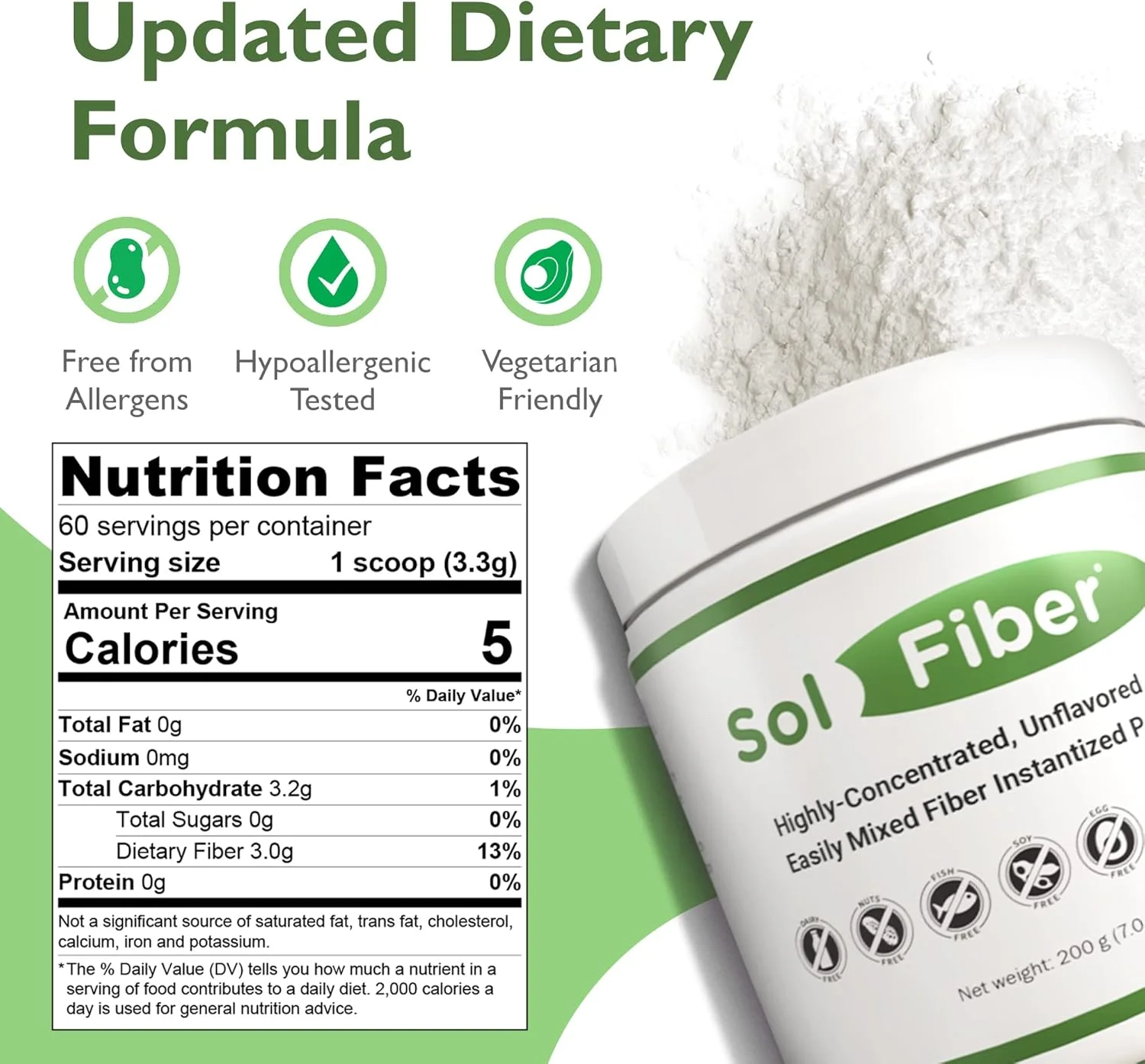 پودر پری‌بیوتیک SolFiber، جایگزین غیر تراریخته برای پاستیل فیبر، پشتیبانی از سلامت دستگاه گوارش، پودر فیبر با قابلیت مخلوط شدن آسان و بسیار غلیظ، 7 اونس، 60 وعده