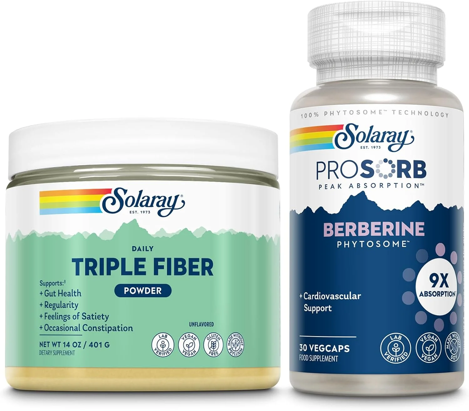 پودر فیبر سه گانه سولارای و بربرین فیتوزوم ProSorb - مکمل فیبر روزانه بدون طعم به همراه پری‌بیوتیک، حمایت از نظم و سلامت روده - مکمل بربرین با جذب 9 برابری، وگان، 30 سروینگ
