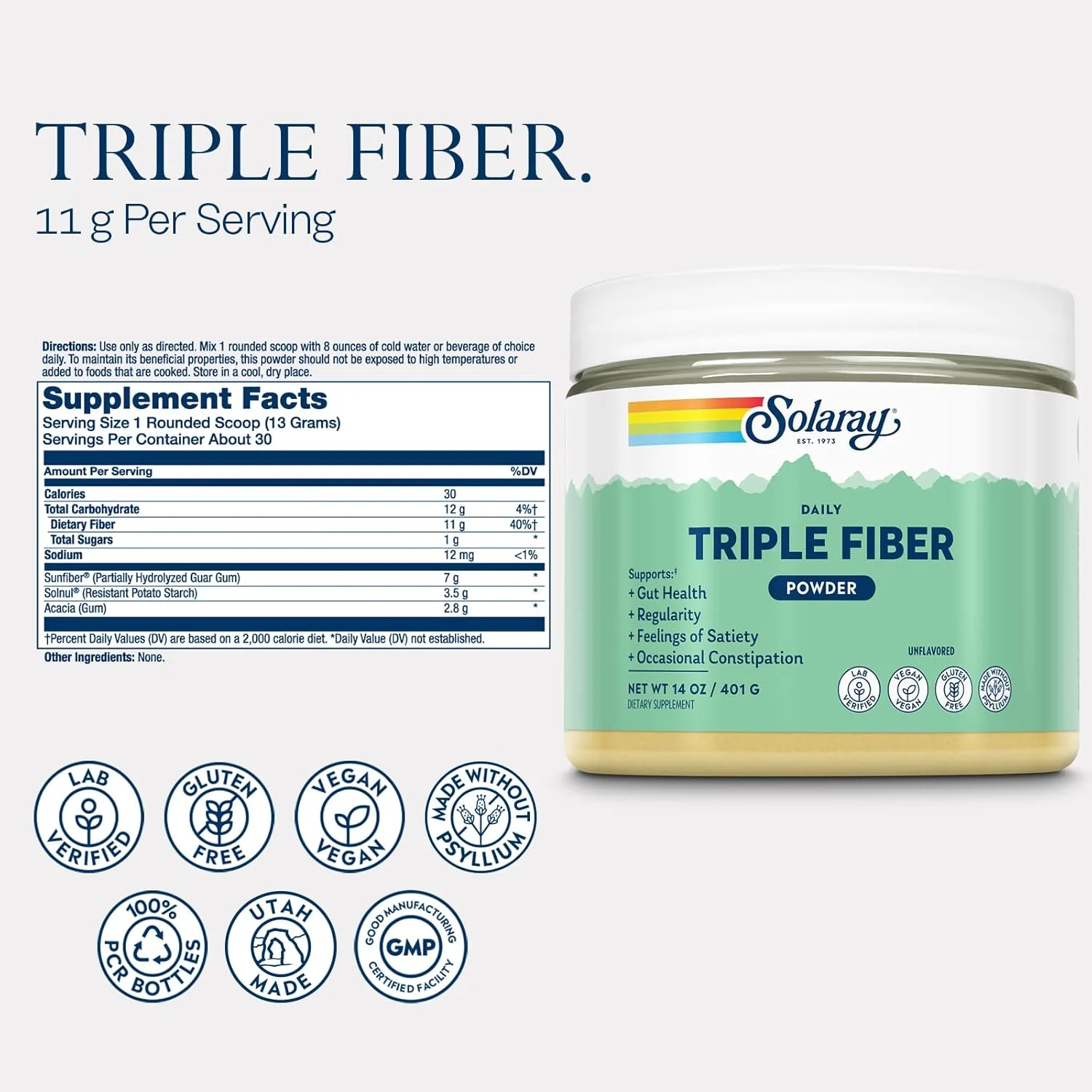 پودر فیبر سه گانه سولارای و بربرین فیتوزوم ProSorb - مکمل فیبر روزانه بدون طعم به همراه پری‌بیوتیک، حمایت از نظم و سلامت روده - مکمل بربرین با جذب 9 برابری، وگان، 30 سروینگ