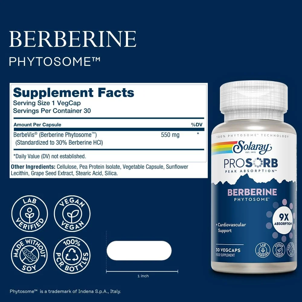 پودر فیبر سه گانه سولارای و بربرین فیتوزوم ProSorb - مکمل فیبر روزانه بدون طعم به همراه پری‌بیوتیک، حمایت از نظم و سلامت روده - مکمل بربرین با جذب 9 برابری، وگان، 30 سروینگ