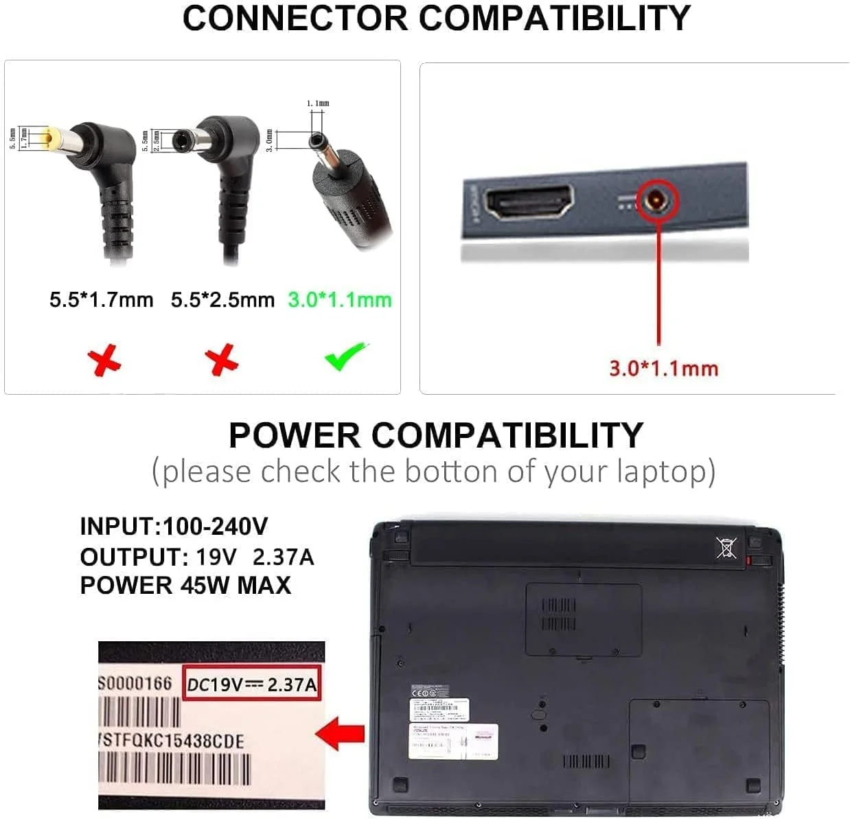 شارژر لپ تاپ برای ایسر اسپایر وان کلودبوک، سوئیفت، ایسر کروم بوک، 45 وات 19 ولت 2.37 آمپر، سیم برق آداپتور AC، کانکتور: 3.0 x 1.1mm شارژر لپ تاپ برای ایسر اسپایر وان کلودبوک، سوئیفت، ایسر کروم بوک، 45 وات 19 ولت 2.37 آمپر، سیم برق آداپتور AC، کانکتور: 3.0 x 1.1mm