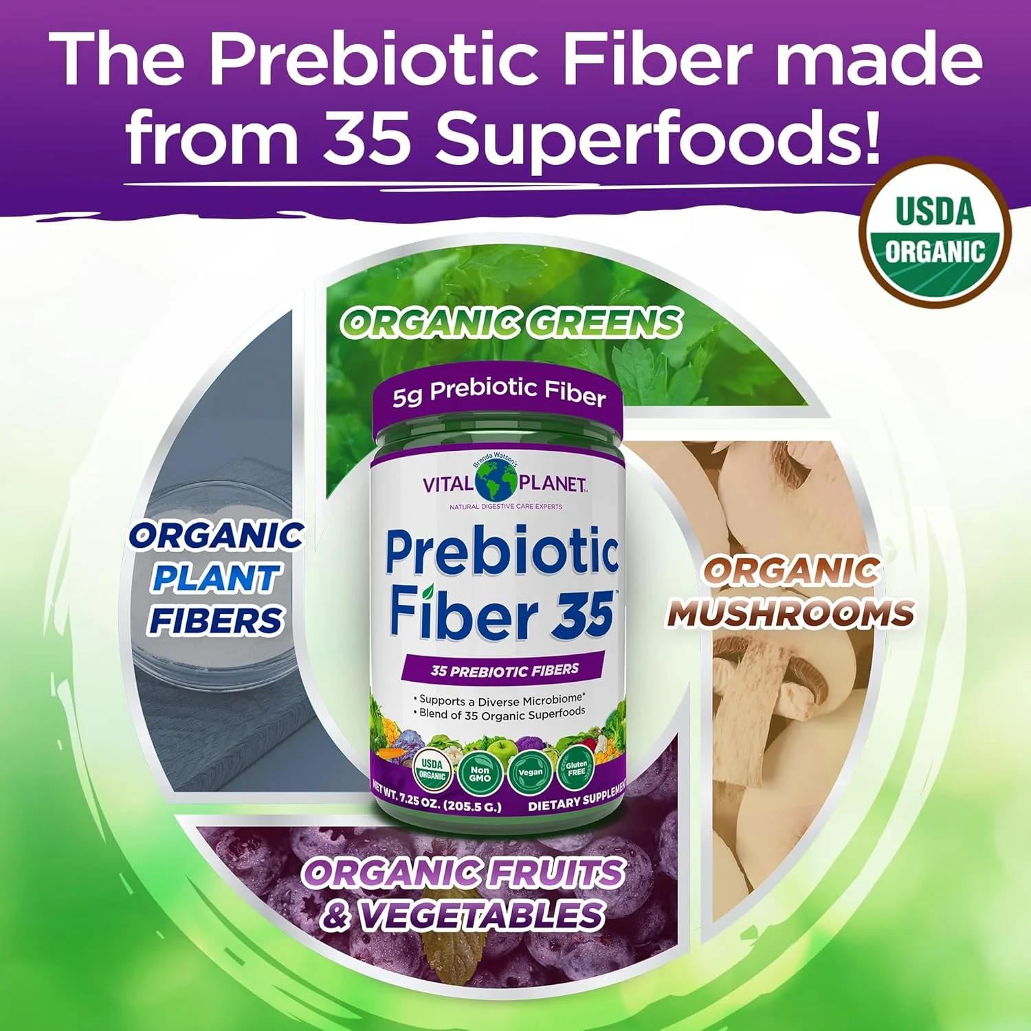 پودر فیبر ۳۵ ویتال پلنت - مکمل فیبر متنوع برای پشتیبانی رژیم غذایی و رفع یبوست گاه به گاه با ۳۵ فیبر پری‌بیوتیک و ۳۵ سوپرفود ارگانیک برای حفظ نظم روده، ۱۹۲ گرم