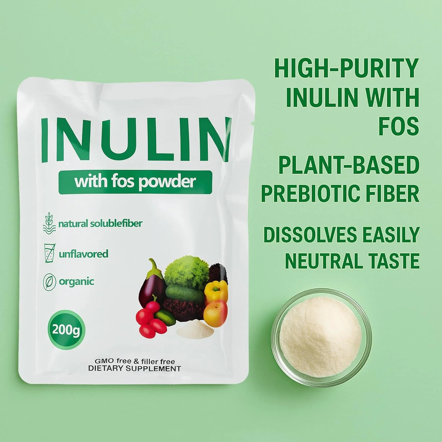 پودر اینولین با FOS، ارگانیک، بدون طعم، فیبر پری‌بیوتیک محلول در آب، مناسب برای گیاه‌خواران، مکمل غذایی، 200 گرم (2 عدد)