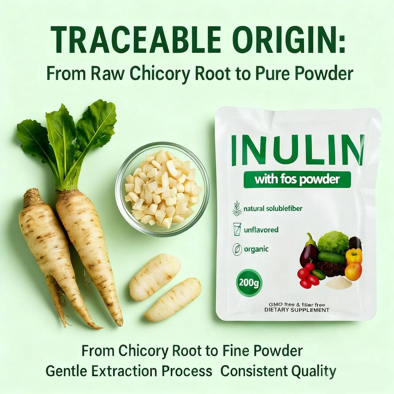 پودر اینولین با FOS، ارگانیک، بدون طعم، فیبر پری‌بیوتیک محلول در آب، مناسب برای گیاه‌خواران، مکمل غذایی، 200 گرم (2 عدد)