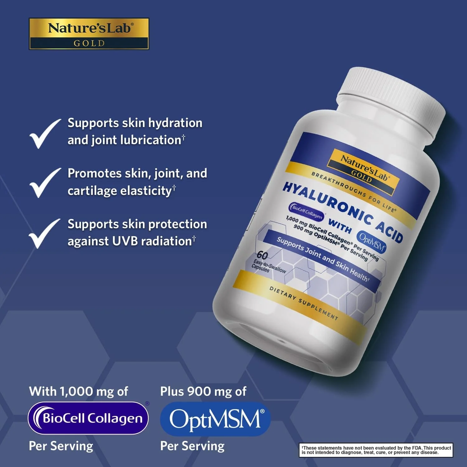 اسید هیالورونیک Nature's Lab با کلاژن BioCell و MSM - آبرسانی پوست، سلامت مفاصل - 60 کپسول (20 روز)