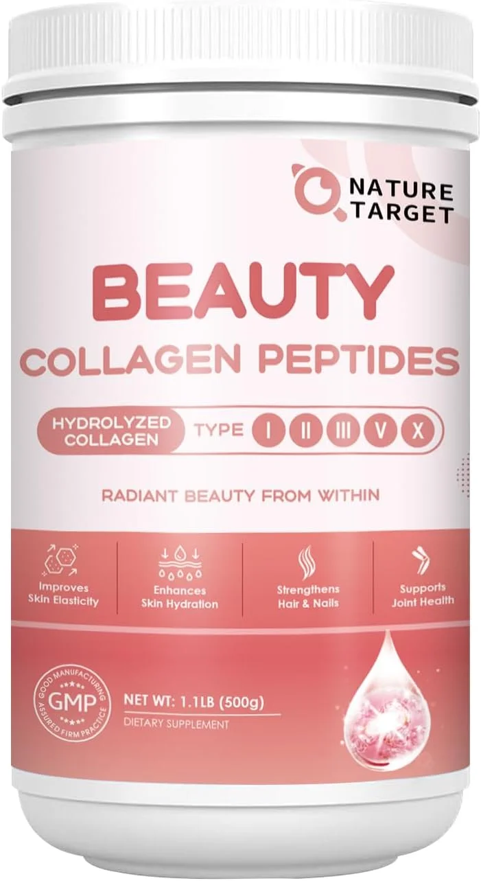 پودر پپتیدهای کلاژن زیبایی نیچر تارگت برای زنان، پودر کلاژن چندگانه با ویتامین C، بیوتین، اسید هیالورونیک - بدون طعم، مناسب برای کتو، حل آسان، غیر GMO، 50 سروینگ