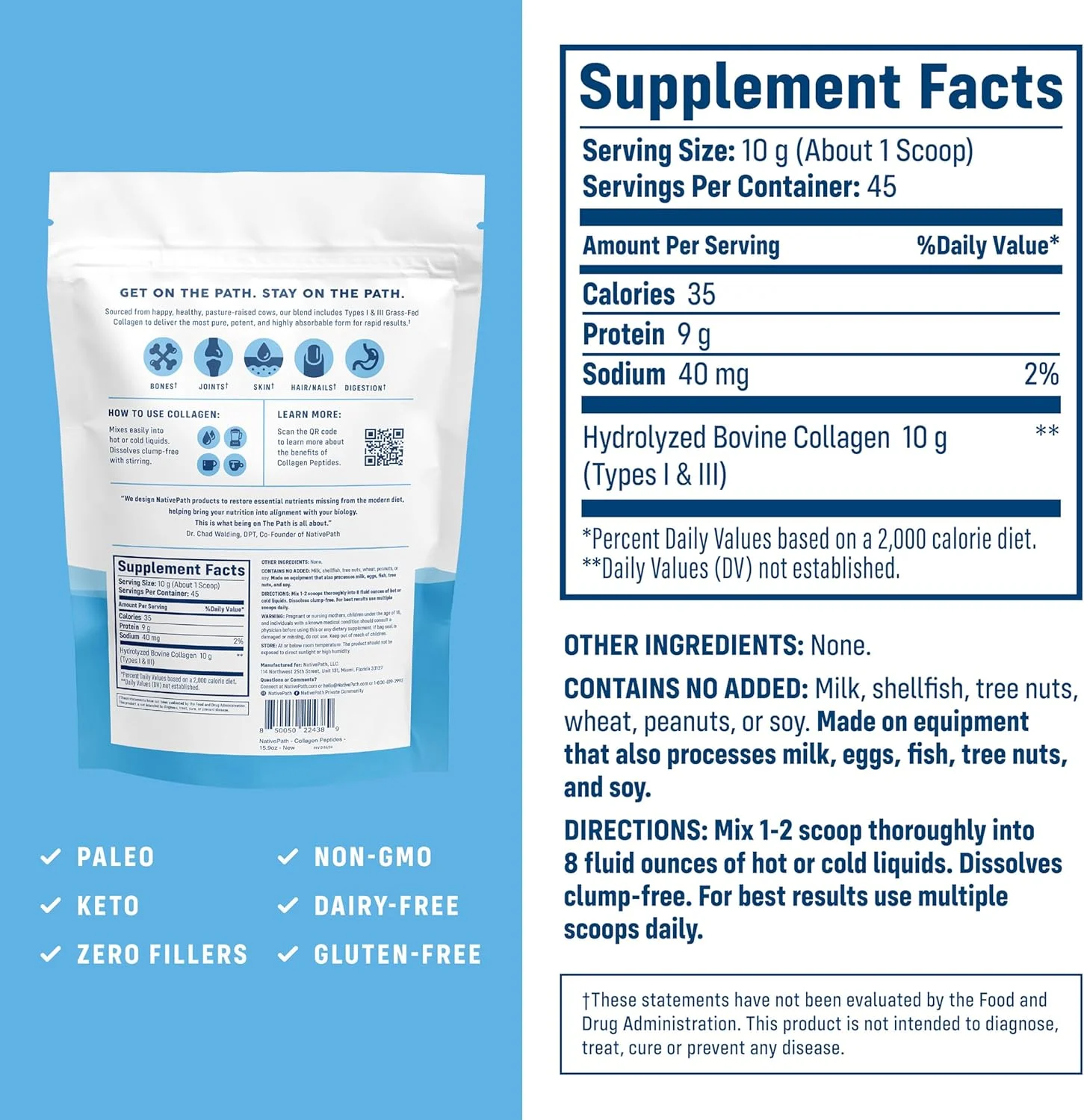 پروتئین پپتیدهای کلاژن NativePath - پودر کلاژن هیدرولیز شده نوع 1 و 3 برای پوست، مو، ناخن - 450 گرم (45 سروینگ)