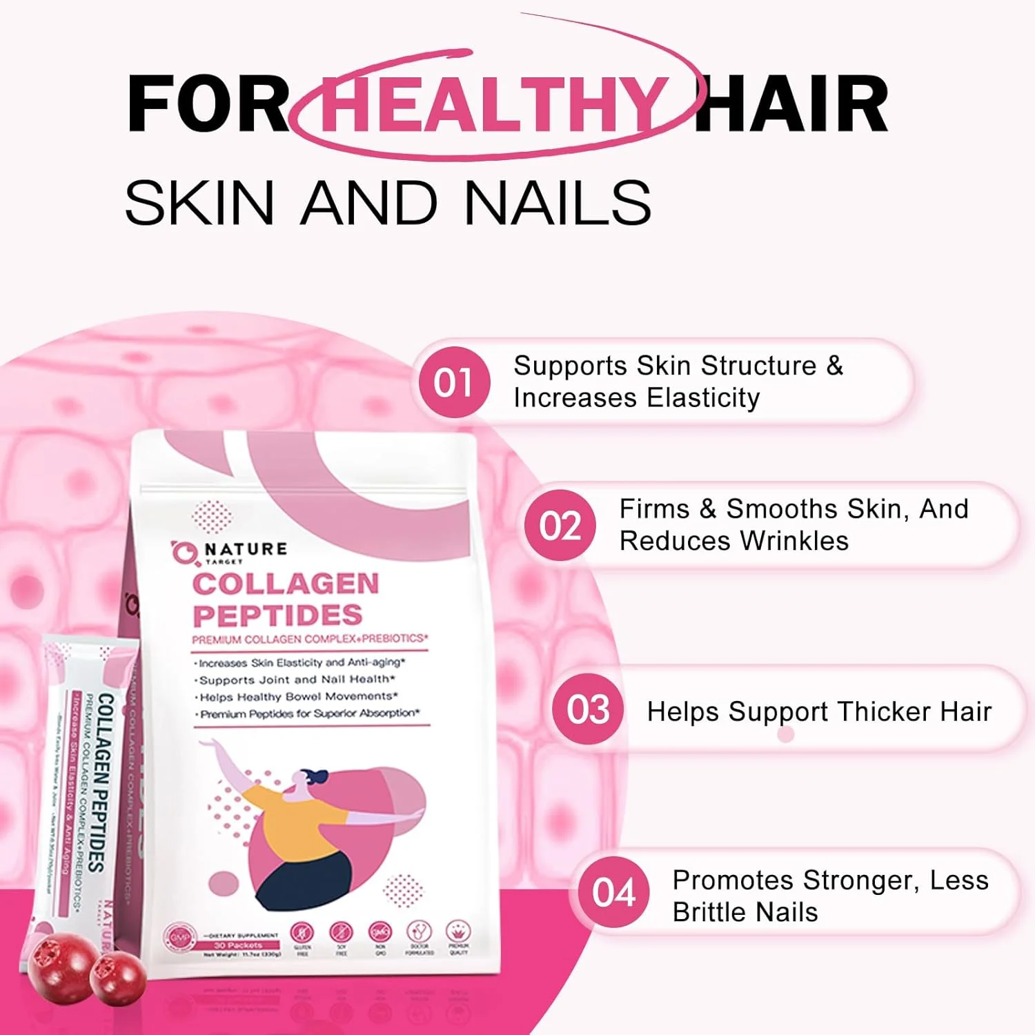 پودر پپتیدهای کلاژن چندگانه NATURE TARGET - انواع I، II، III، V، X - جذب پیشرفته، پپتیدهای کلاژن هیدرولیز شده با پری بیوتیک، بدون شکر، پشتیبانی از پوست، مو، ناخن و مفاصل، غیر GMO