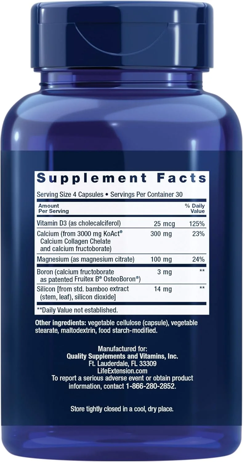 فرمول کلاژن تقویت استخوان لایف اکستنشن، کلسیم کلاژن، کلسیم فروکتوبورات، ویتامین D3، سیترات منیزیم، سیلیکون، بور، فاقد گلوتن، غیر GMO، 120 کپسول