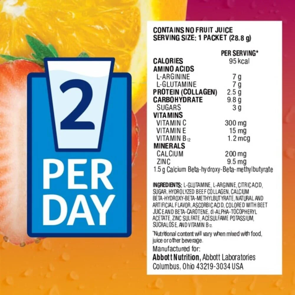 پودر نوشیدنی مغذی درمانی Juven حاوی پپتیدهای کلاژن، آمینو اسیدها و HMB برای حمایت از ترمیم بافت، پانچ میوه، 8 بسته