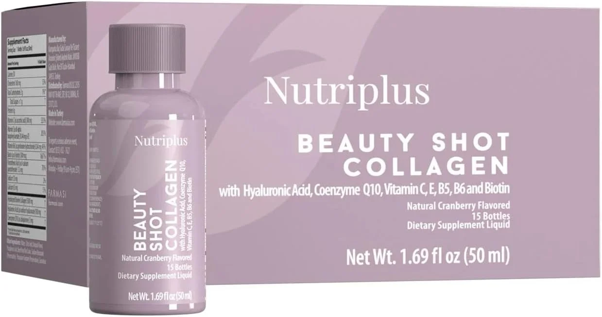 نوشیدنی کلاژن Nutriplus Beauty Shot فارماسی – کلاژن نوع I و III با اسید هیالورونیک، بیوتین و ویتامین ها، طعم کرن‌بری بدون شکر، 50 میلی لیتر x 12 عدد