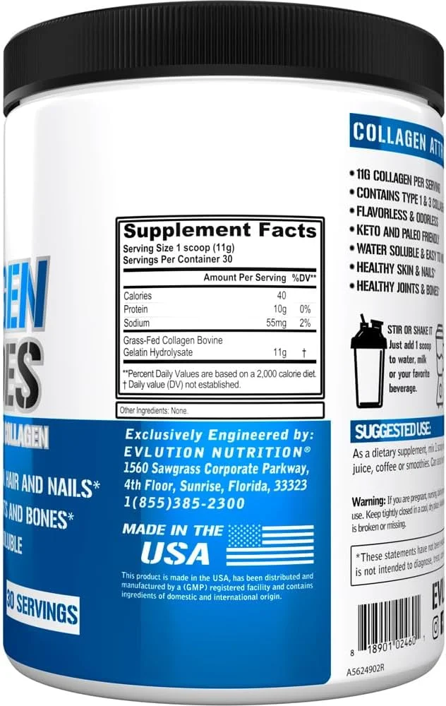 پودر پپتیدهای کلاژن Evlution Nutrition، کلاژن هیدرولیز شده ممتاز برای حمایت از سلامت پوست، مو، استخوان ها، مفاصل، ناخن ها و موارد دیگر (30 سروینگ) پودر پپتیدهای کلاژن Evlution Nutrition، کلاژن هیدرولیز شده ممتاز برای حمایت از سلامت پوست، مو، استخوان ها، مفاصل، ناخن ها و موارد دیگر (30 سروینگ)